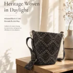 Black‑Gold Wanji‑Pattern Fabric Crossbody Bucket Bag
