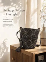 Black‑Gold Wanji‑Pattern Fabric Crossbody Bucket Bag