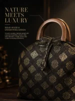 Black‑Background Golden Floral Wooden‑Handle Drawstring Tote Bag
